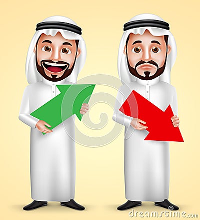 Saudi arab man vector character holding up and down arrow for business Vector Illustration