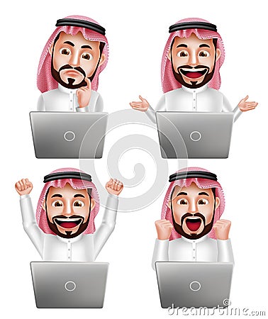 Saudi arab man vector character set in front of laptop with different actions Vector Illustration