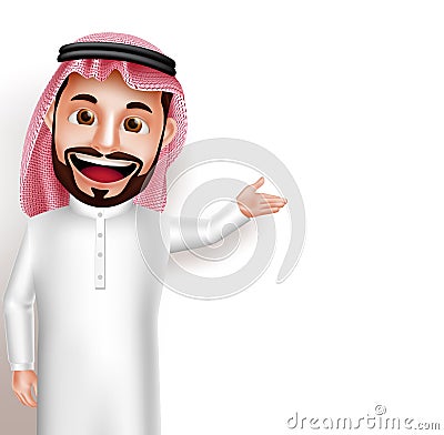 Saudi arab man vector character wearing thobe happy showing empty Vector Illustration