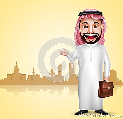 Saudi arab man vector character wearing thobe showing city landmark Vector Illustration