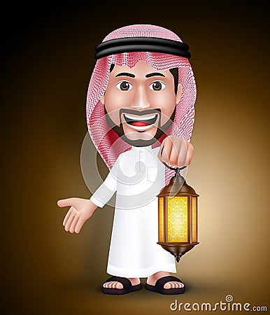 Saudi Arab Man Wearing Thobe Holding Lantern for Ramadan Vector Illustration