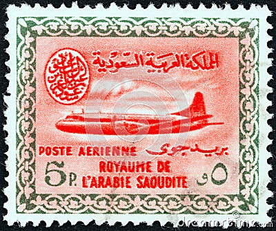 SAUDI ARABIA - CIRCA 1960: A stamp printed in Saudi Arabia shows a Convair 440 airplane, circa 1960. Editorial Stock Photo