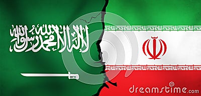 Saudi Arabia and Iran Waving Flag Cracked Representing Conflict Between Two Countries. Background for News Stock Photo