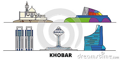 Saudi Arabia, Khobar flat landmarks vector illustration. Saudi Arabia, Khobar line city with famous travel sights Vector Illustration