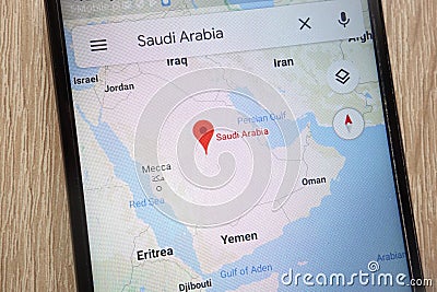 Saudi Arabia location on Google Maps displayed on a modern smartphone Editorial Stock Photo