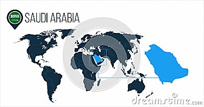 Saudi Arabia location on the world map for infographics. All world countries without names. Saudi Arabia round flag in the map pin Cartoon Illustration