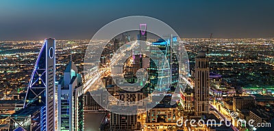 Saudi Arabia Riyadh landscape at night - Riyadh Tower Kingdom Centre - Kingdom Tower â€“ Riyadh Skyline - Burj Al-Mamlaka â€“ Editorial Stock Photo