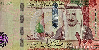 Saudi Arabia 100 riyals banknote, The Saudi riyal is the currency of Saudi Arabia, Saudi kingdom one hundred riyals Editorial Stock Photo