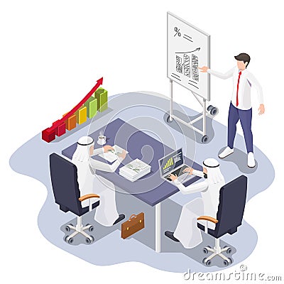 Saudi Arabian businessmen meeting, flat vector isometric illustration. Business presentation. Vector Illustration