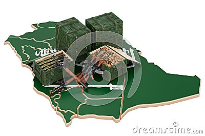 Saudi Arabian map with weapons. Military supplies in Saudi Arabia, concept. 3D rendering Stock Photo