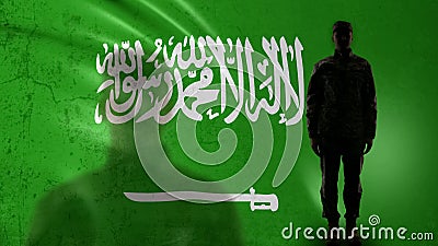 Saudi Arabian soldier silhouette standing against national flag, proud sergeant Stock Photo