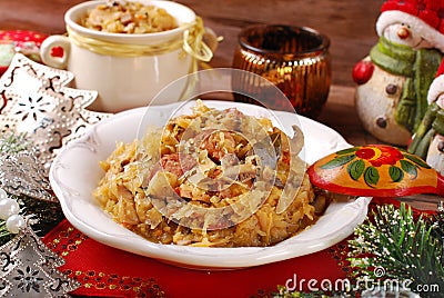 Sauerkraut with mushrooms and sausage for christmas Stock Photo