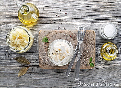 Homemade Sauerkraut and sour turnip Stock Photo