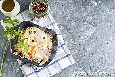 Sauerkraut with spices in gray bowl. Natural Probiotics, Healthy Food Stock Photo