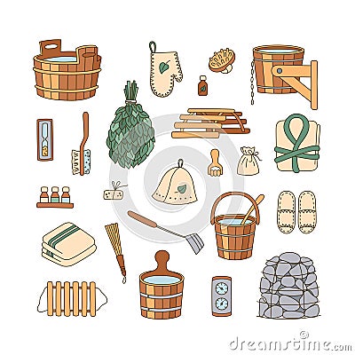 Sauna accessories - washer, broom, tub, bucket, towel and other. Bath accessories made of wood Cartoon Illustration