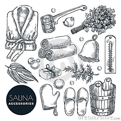 Sauna and bathhouse accessories set. Vector hand drawn sketch illustration. Bath and spa isolated design elements Vector Illustration