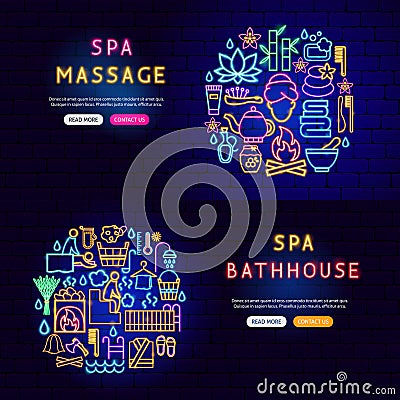 Sauna Bathhouse Neon Banners Vector Illustration