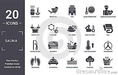 sauna icon set. include creative elements as earth sauna, cardiovascular system, body heat gain, splashing, 2steam bath, dousing Vector Illustration
