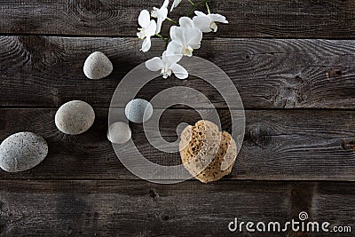 Sauna lifestyle concept with top view still life, wood background Stock Photo