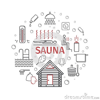 Sauna. Line banner. Vector signs Stock Photo