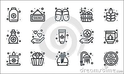 sauna line icons. linear set. quality vector line set such as lemon, fragrance, candle, shower, sauna, oil, care, sauna Vector Illustration