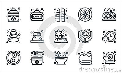 sauna line icons. linear set. quality vector line set such as mitten, mortar, ying yang, soap, honey, stone, care, flower, sauna Vector Illustration