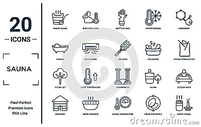 sauna linear icon set. includes thin line smoke sauna, hamam, steam jet, hideaway, earth sauna, hemlock, 2steam bath icons for Vector Illustration