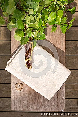 Sauna objects on wooden bench from top Stock Photo