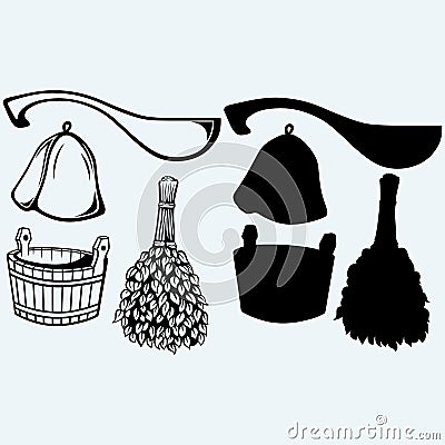 Sauna ready accessories - broom, bucket, hat and scoop Vector Illustration