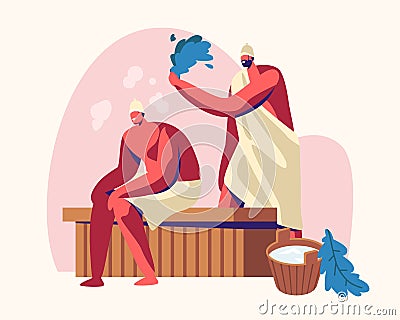 Sauna Spa Water Procedure. Relaxation, Body Care Therapy, Couple of Men Sitting on Wooden Bench in Steam Room in Bath Vector Illustration