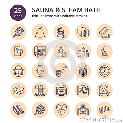 Sauna, steam bath line icons. Bathroom equipment birch, oak birch, bucket. Hammam, japanese, finnish russian, infrared Vector Illustration