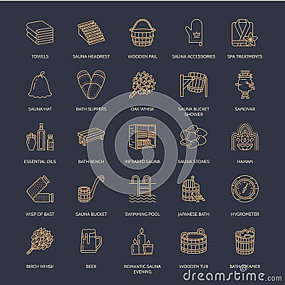 Sauna, steam bath line icons. Bathroom equipment birch, oak birch, bucket. Hammam, japanese, finnish, russian, infrared Vector Illustration