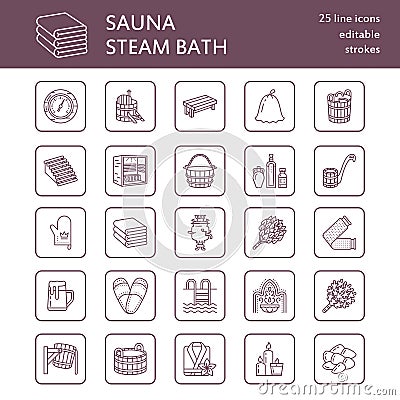 Sauna, steam bath line icons. Bathroom equipment birch, oak birch, bucket. Hammam, japanese, finnish, russian, infrared Vector Illustration