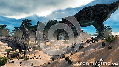 Saurolophus hunting tarbosaurus dinosaur - 3D Stock Photo