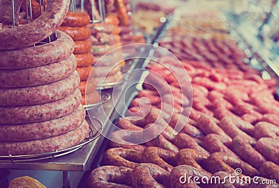 Sausage assort on counter Stock Photo