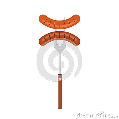 Sausage on barbecue fork. Grilled sausage. Vector Illustration