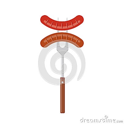 Sausage on barbecue fork. Grilled sausage. Vector Illustration