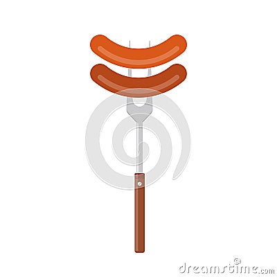 Sausage on barbecue fork. Grilled sausage. Vector Illustration