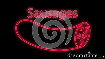 Sausage on a black background, vector illustration, neon. meat sausage with bacon. neon pink sausage. bright neon sign. Vector Illustration