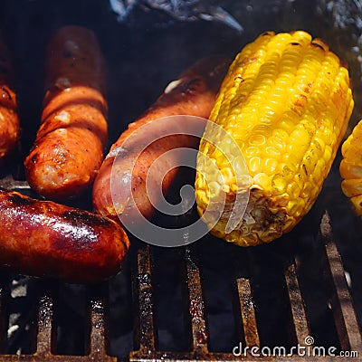 Sausage and corn barbacue Stock Photo