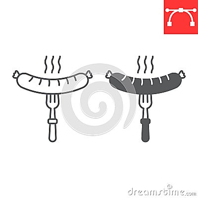 Sausage on fork line and glyph icon Vector Illustration