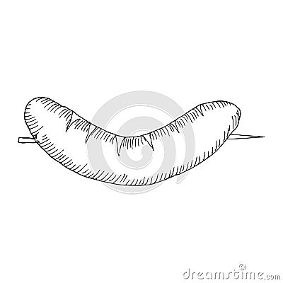 Sausage grilled on skewer isolated on white background. Vector hand drawn sketch illustration in doodle outline style. Concept of Vector Illustration