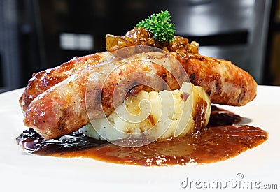 Sausage with mash potato Stock Photo