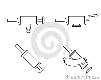 Sausage stuffer. Linear icons set. Black simple illustration of filling machine or manual syringe for cooking homemade meat food. Vector Illustration