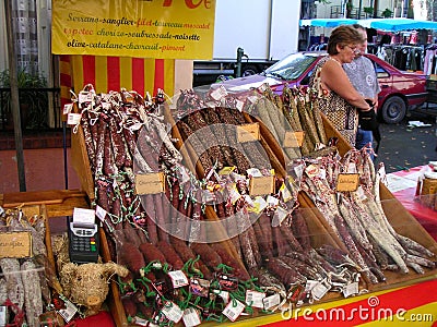 Sausages in french food market Editorial Stock Photo