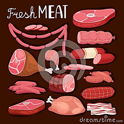 Sausages illustration. Fresh meat and boiled sausage, salami and chicken, raw sliced pork tenderloin and cooked ham for Vector Illustration