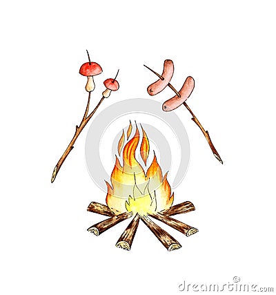 Sausages and mushrooms fried on a fire watercolor Vector Illustration