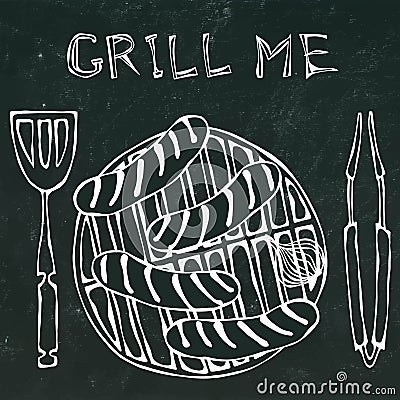 Sausages and Onion on The BBQ Grill. Lettering Grill Me. Barbecue Logo. on a Black Chalkboard Background Vector Illustration