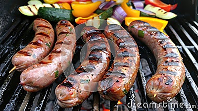Sausages sizzling on the grill alongside grilled vegetables, enticing aroma fills the air, Ai Generated Stock Photo