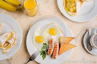 Sausages, toasts and coffee Stock Photo